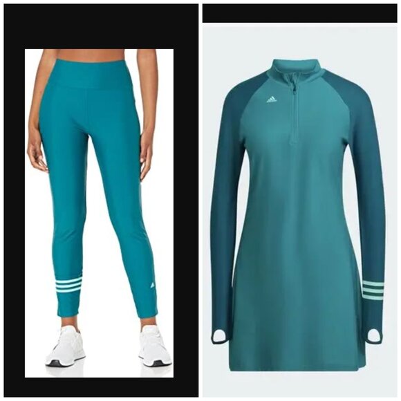 SET: Adidas 3 Stripes Colorblock Swim Long Sleeve Top Dress AND Leggings 2XS - Picture 1 of 3